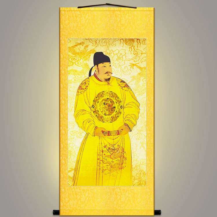 唐朝皇帝画像唐太宗李世民挂画书房装饰画人物画丝绸画卷轴画
