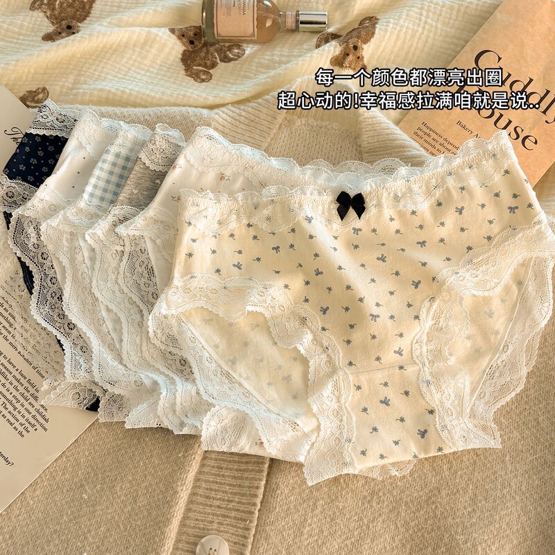 Bowknot Panties, Fresh Style for Women, Seamless Lace Trim, Sweet Girl Style, 10A Antibacterial Pure Cotton, New Triangle Shorts