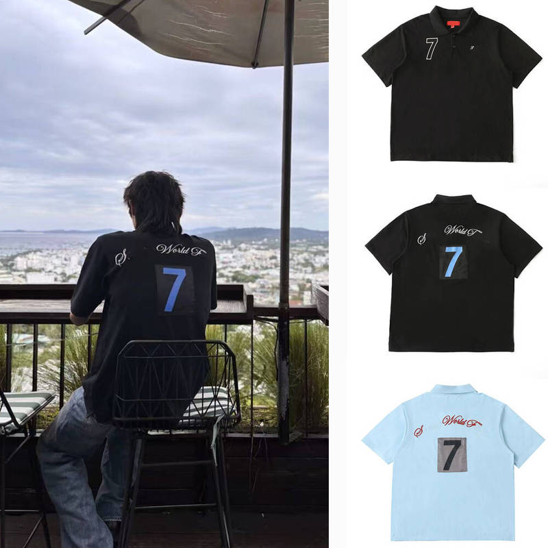 25Ss Cursive Polo No. 7 Letter Cursive Logo Embroidered Short-Sleeved Polo Shirt T-Shirt, Same Style for Men and Women