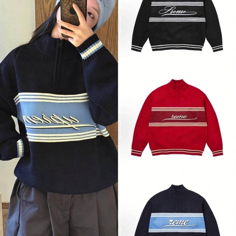 Fw25 Half Zip Sweater with Embroidered Striped Logo, Stand-Up Collar, Half-Zip Sweater, Same Style as Song Yuqi