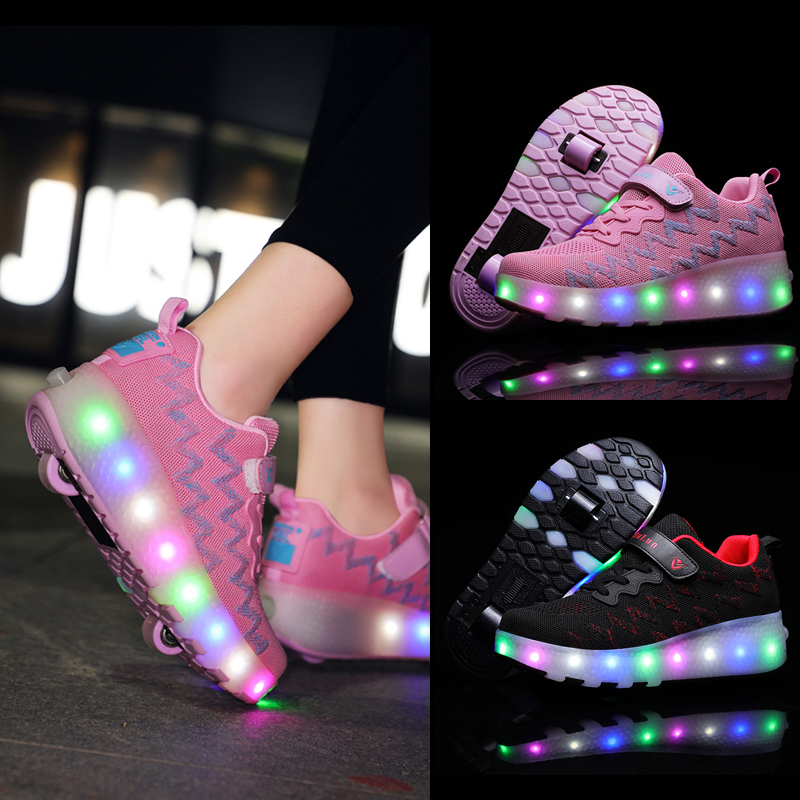 Wheel Skating Shoes Children Riot Walking Shoes Double Wheels Male and female child belt wheels Shoes Adult Pulley Shoes Wheel Shoelace Light Charge