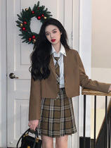 Fish ball and panel wild one middle school original jk uniform plaid skirt orthodox pleated skirt college style tea brown school for Japanese department