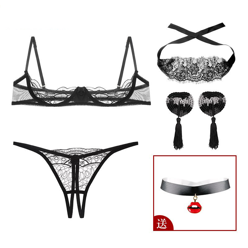 Erotic lingerie bra transparent nipple bikini sexy three-point tie-up chest thong bra set