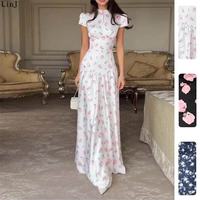 Linj Hot Girl Spring New Women's Clothing European and American Style Dress Fashionable Elegant Loose Plant Print Long Dress