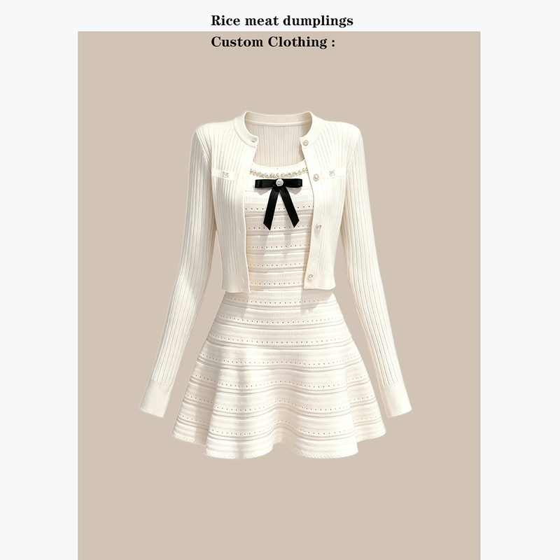 Rich Girl Wears a Diamond-Encrusted Bow U-Neck Camisole Dress with a Slimming Long-Sleeved Knitted Cardigan Set