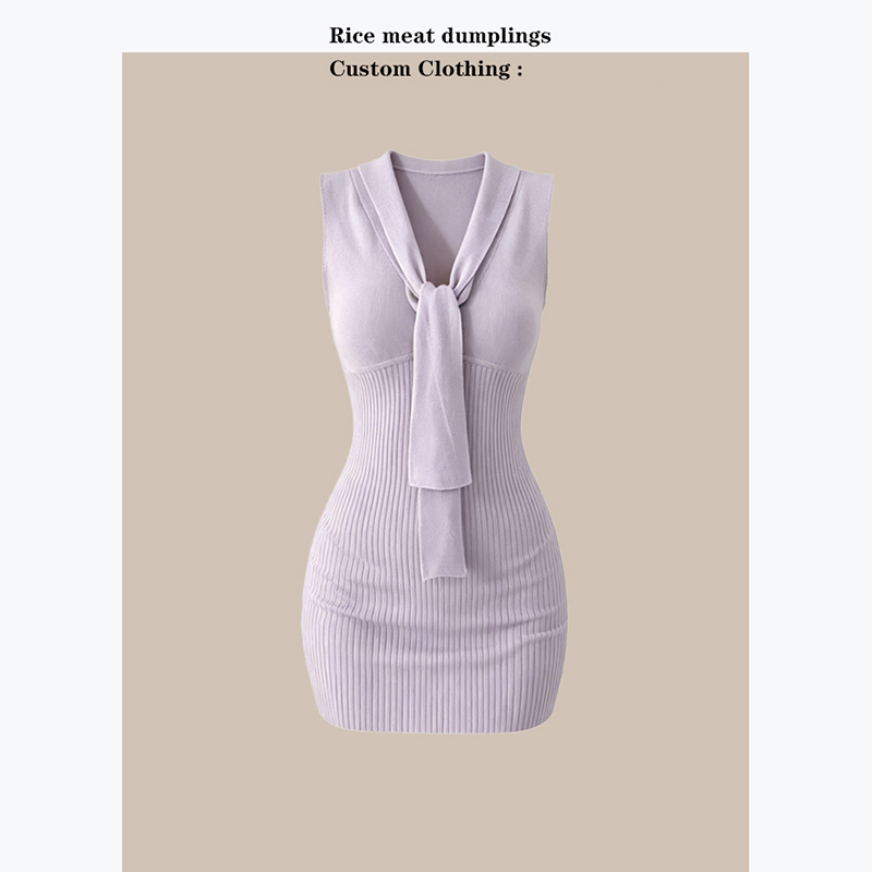 In Stock! Gentle Korean-Style Light Purple Knitted Sleeveless Dress with a Cinched Waist, Elegant and Slim-Fitting Bodycon Dress