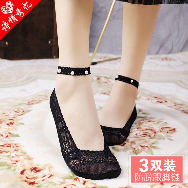 Summer thin section silicone non-slip vibrato with the same net red straps lace lace thin section low-top invisible pearl invisible socks