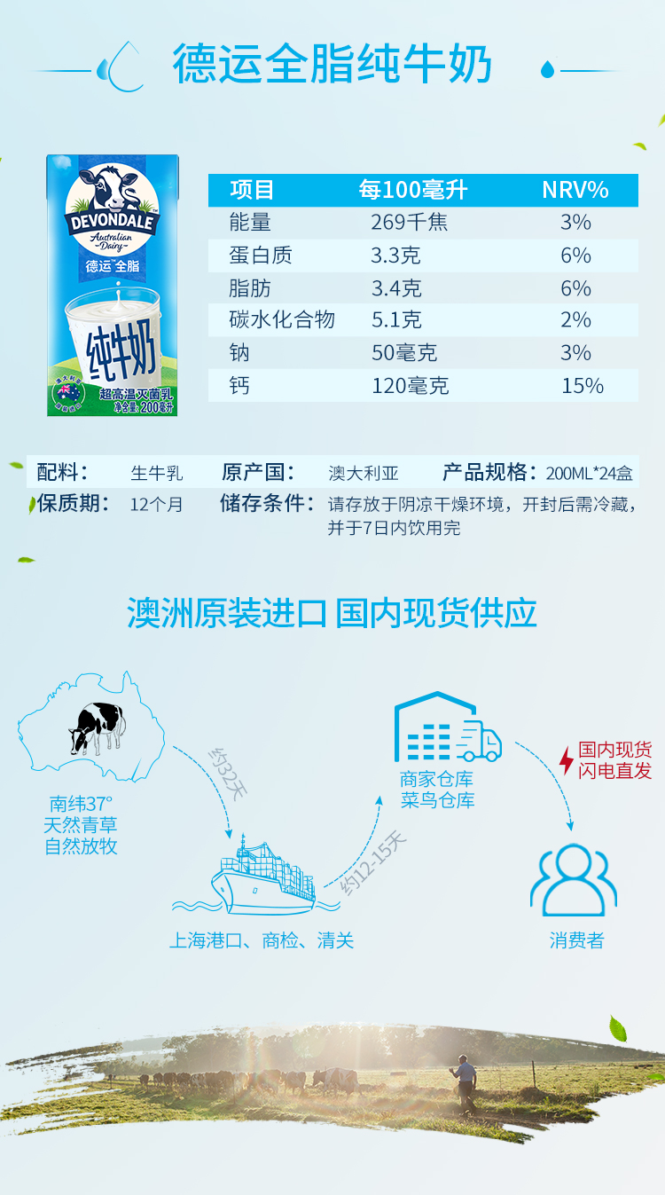 天猫超市 澳洲进口 德运 全脂牛奶 200ml*24盒 图2