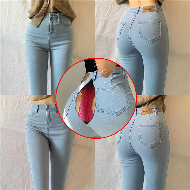 Skinny Jeans with Full Zipper Crotch Opening for Women, Outdoor Wear, No Need to Take Off, Suitable for Dating, Double-Ended Zipper, Convenient Crotch
