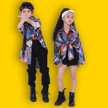 Childrens T-stage catwalk clothing hip-hop hip-hop trendy clothing floral shirt modern dance clothing boys and girls handsome performance clothing
