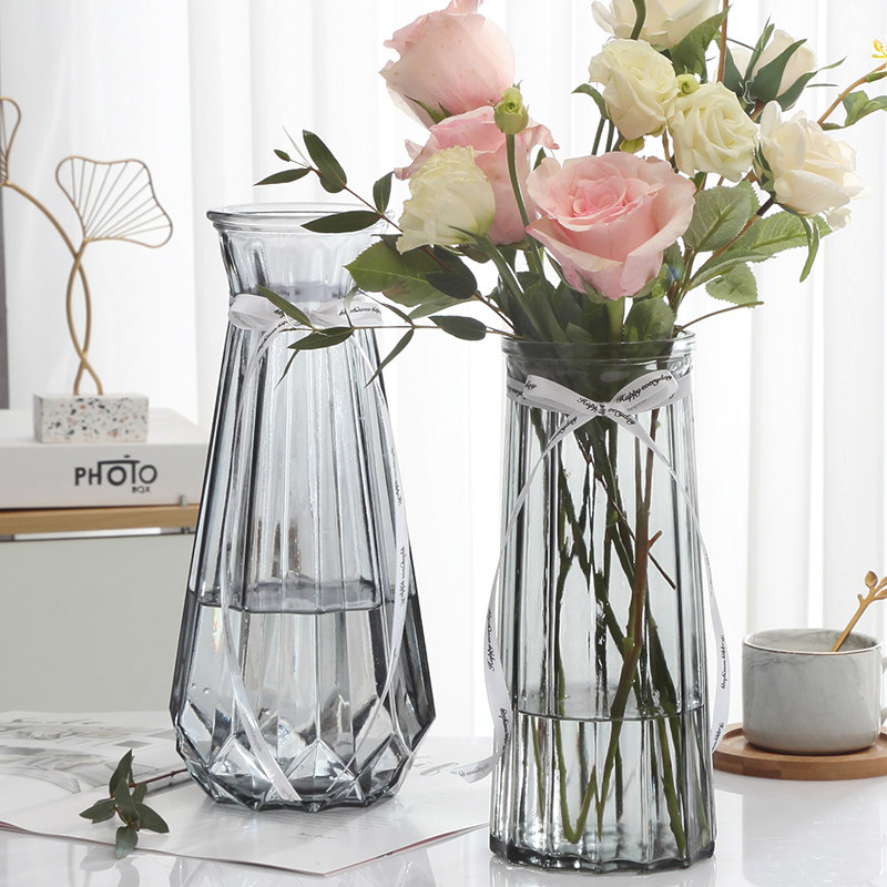 (Two-piece set) large glass vase transparent European-style water-fed lily dried flower rich bamboo vase flower arrangement ornaments