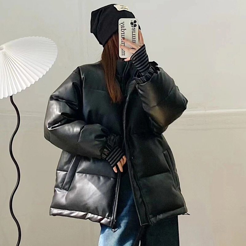 White Duck down Pu Leather Stand Collar Winter New Design Black down Jacket for Men and Women, Thickened Couple's Puffer Coat