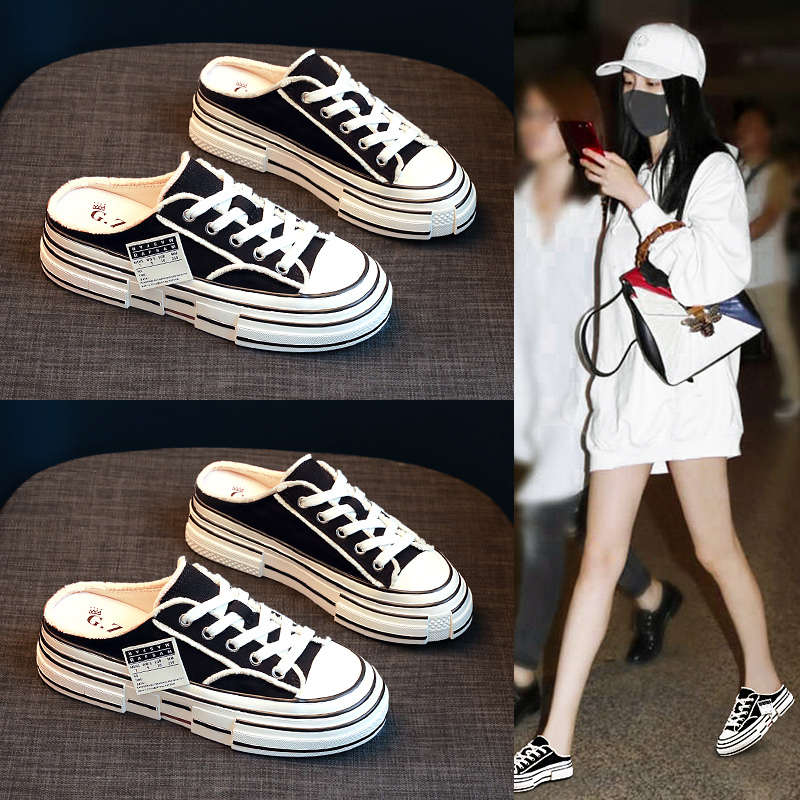 Baotou Mid-drag women's shoes 2021 Summer 2022 New exterior wearing thick bottom cool Drag lazy person Canvas Slippers female burst