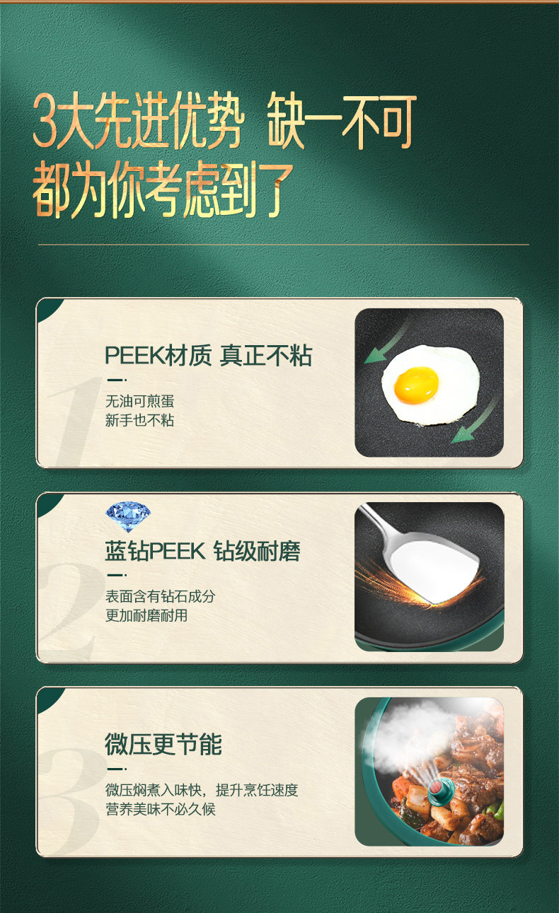 中美德三国认证 闪闪优品 微压不沾炒锅 28cm 蓝钻PEEK医用级不沾材质 图3