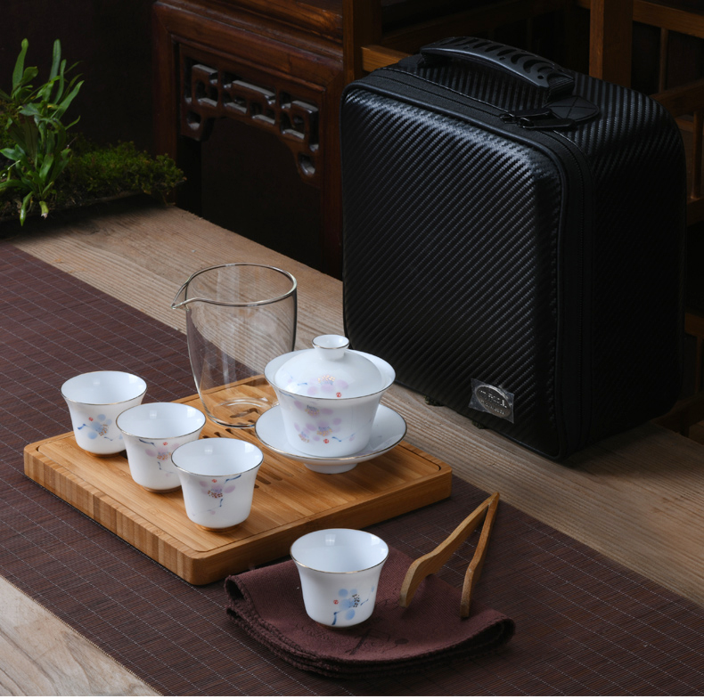 Xu ink customization jade porcelain cup to crack a pot of four cups of tea tureen contracted on - board, portable is suing travel tea set