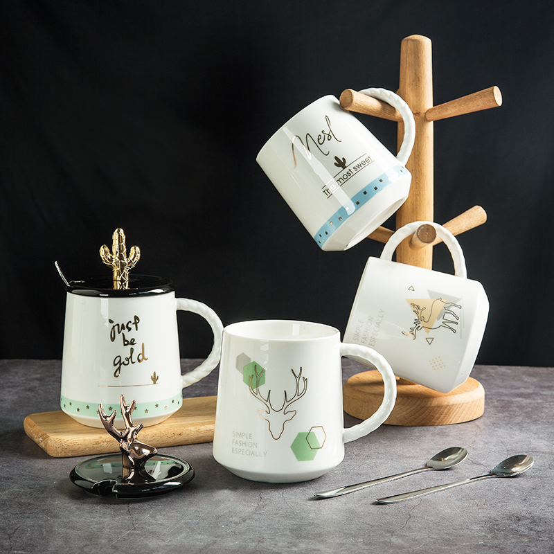 ins Nordic lovers brief deer corner ceramic cup mark cup large capacity breakfast milk cup tea water cup send cover spoon