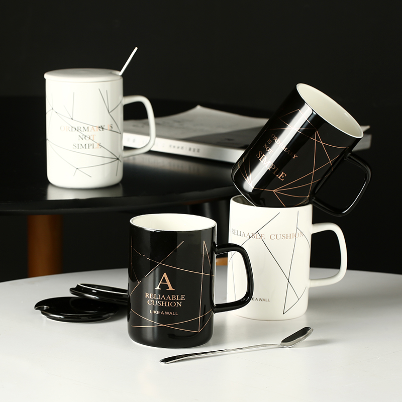 Simple European English ceramic mug mug with lid spoon trend water cup student couple milk coffee cup