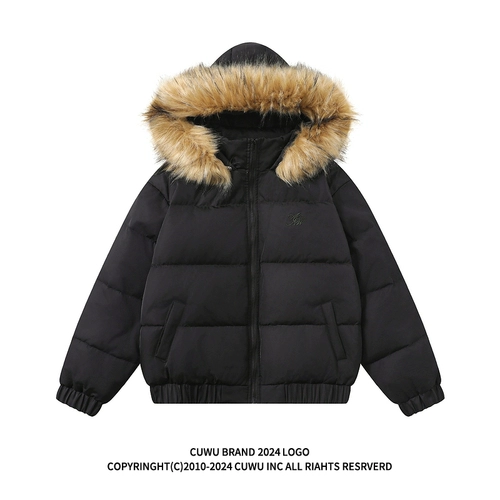 cuwu Короткая версия пуховой куртки с капюшоном и меховым воротником из американского белого утиного пуха для женщин, зимняя свободная утепленная куртка для пар в стиле ретро