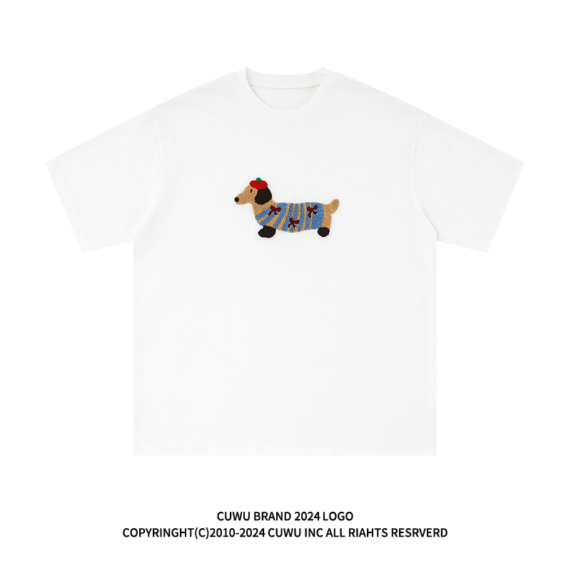Cuwu Dachshund Puppy Embroidered Short-Sleeve T-Shirt for Women 2025 New Summer American Style Niche Design White Top