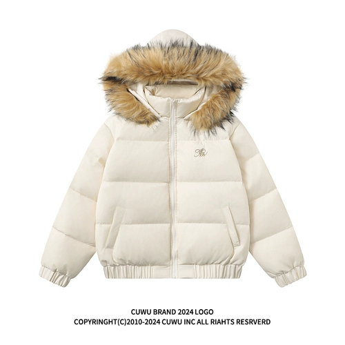 cuwu Короткая версия пуховой куртки с капюшоном и меховым воротником из американского белого утиного пуха для женщин, зимняя свободная утепленная куртка для пар в стиле ретро