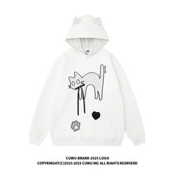 cuwu Cute Wave Point Kitten Embroider Cat Ears Hooded Sweatshirt Female Male Autumn Loose lazy style pullover Hoodie