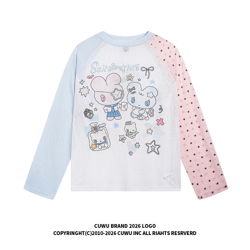Cuwu Cute Cartoon Rabbit Print Long-Sleeved T-Shirt for Women, Summer Thin Semi-Sheer Sun Protection Cover-Up Raglan Sleeve Top
