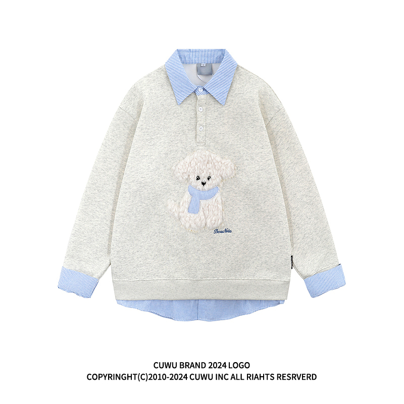 cuwu トレンディなブランドのかわいいぬいぐるみの子犬のフェイクツーピース POLO カラー スウェットシャツ、春のストライプ プルオーバー トップ付き、女性と男性用