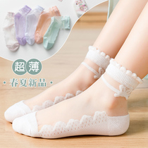 Girls Crystal socks summer ultra-thin cotton children breathable glass ice silk boat Socks baby Princess bow short
