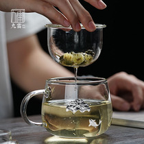  Jiulei home silver-inlaid heat-resistant glass teacup thickened filter with lid Office tea water separation flower tea cup