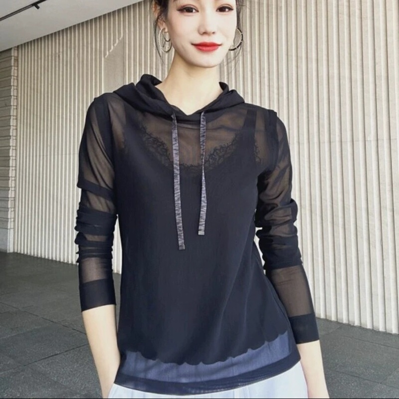 Giridamssgiridamss Spring and Autumn New Black Hooded Sheer Sweatshirt Mesh Long Sleeve T-Shirt