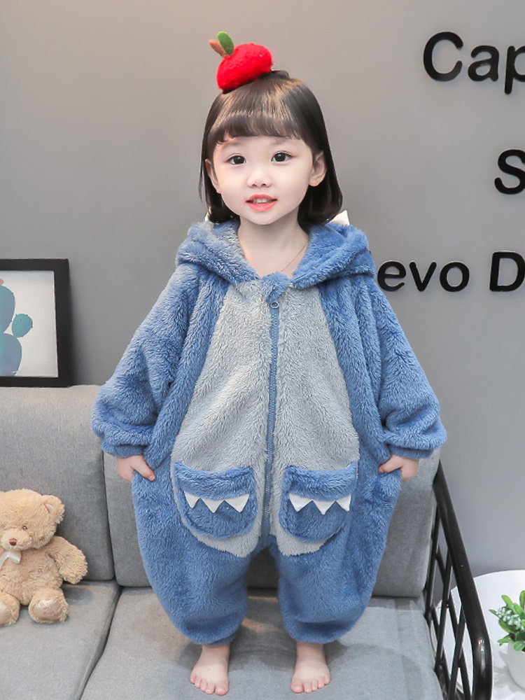 GIRLS ONE-PIECE PAJAMAS FALL WINTER FLANNEL GIRLS BABY BABY CORAL VELVET KIDS WINTER DINOSAUR LOUNGEWEAR