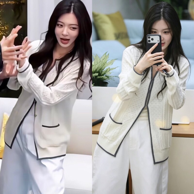 Tuxee Semi-Mature Style Sweater Jacket in White with Contrasting Color Patchwork, Similar to Xu Lvyangliu's Chanel-Inspired Design