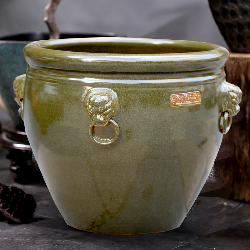 Jingdezhen ceramic aquarium turtle cylinder goldfish bowl lotus basin of new Chinese style cylinder head handle tank sitting room