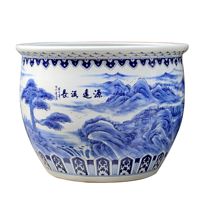 Jingdezhen blue and white porcelain basin of hand - made of long - standing ceramic tank cylinder tortoise mountain true water lily receive calligraphy and painting