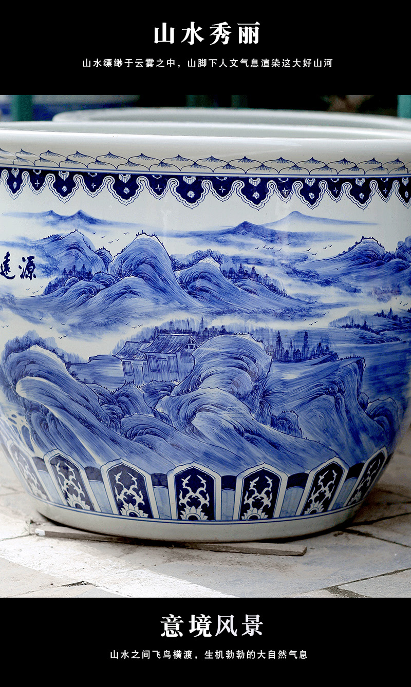 Jingdezhen blue and white porcelain basin of hand - made of long - standing ceramic tank cylinder tortoise mountain true water lily receive calligraphy and painting