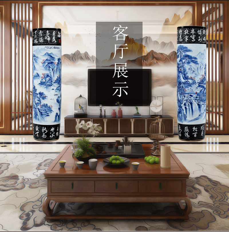 Jingdezhen blue and white porcelain painting landscape painting pine greet chaoyang landing big ceramic vase hall furnishing articles opening gifts