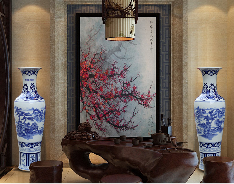 Jingdezhen blue and white porcelain home cooked meal sitting room office Chinese landscape painting of large vase furnishing articles ornaments