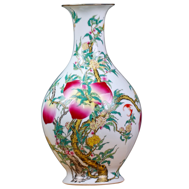 Jingdezhen pastel peach flower vase figure mesa nine sitting room of Chinese style household ceramics furnishing articles birthday birthday gift