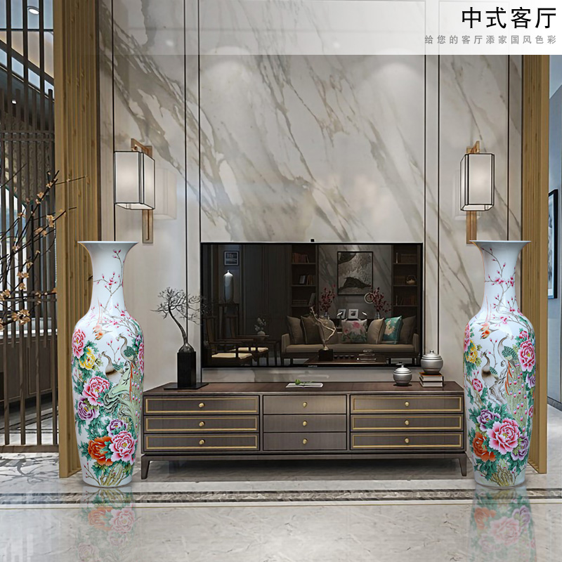 Jingdezhen ceramics hand - made pastel peacock peony of large vase household living room TV cabinet type furnishing articles