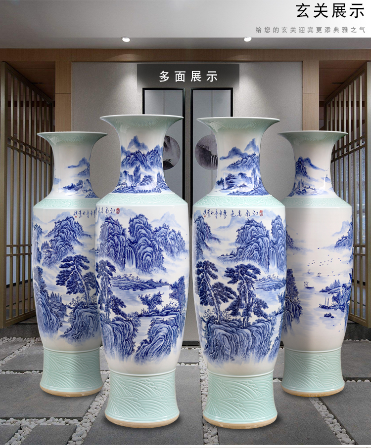 Jingdezhen blue and white porcelain hand - made jiangnan spring scenery of large vase sitting room porch TV ark, study place decoration