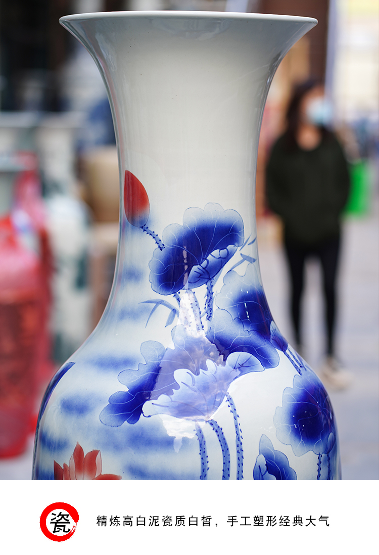 Jingdezhen blue and white porcelain painting ink lotus pond floor big ceramic vase sitting room of Chinese style household furnishing articles ornaments