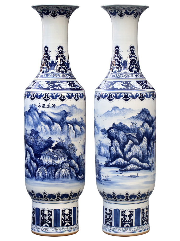 Blue and white porcelain of jingdezhen ceramics landscape painting big vase decoration to the hotel open living room floor office furnishing articles