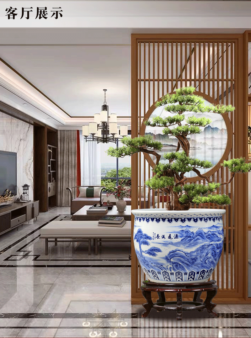 Jingdezhen blue and white porcelain basin of hand - made of long - standing ceramic tank cylinder tortoise mountain true water lily receive calligraphy and painting