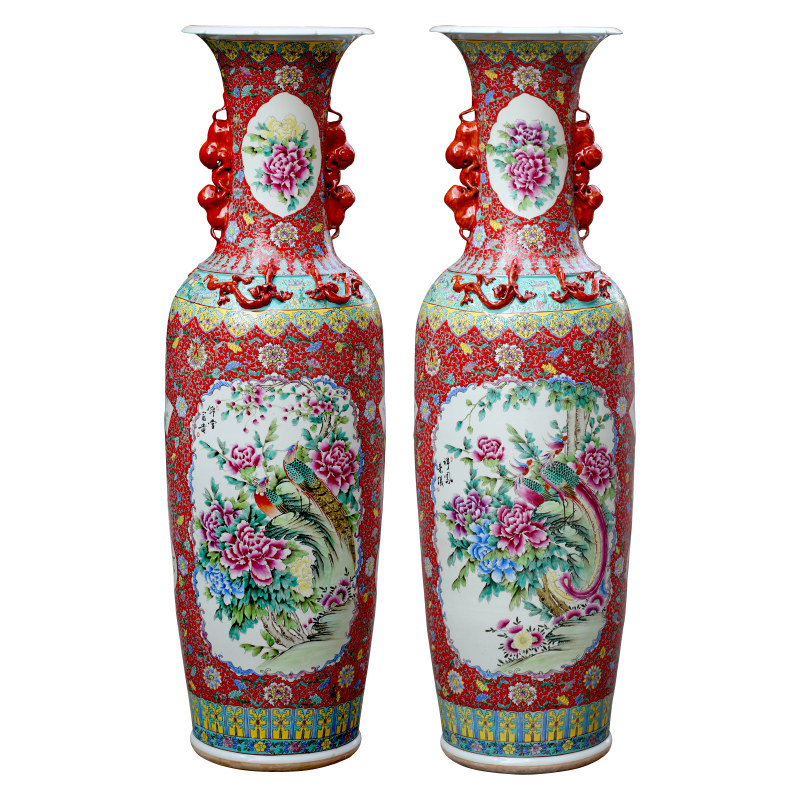 Jingdezhen ceramics hand - made pastel double lion ear to the ground the sitting room is big vase company opening hotel lobby furnishing articles