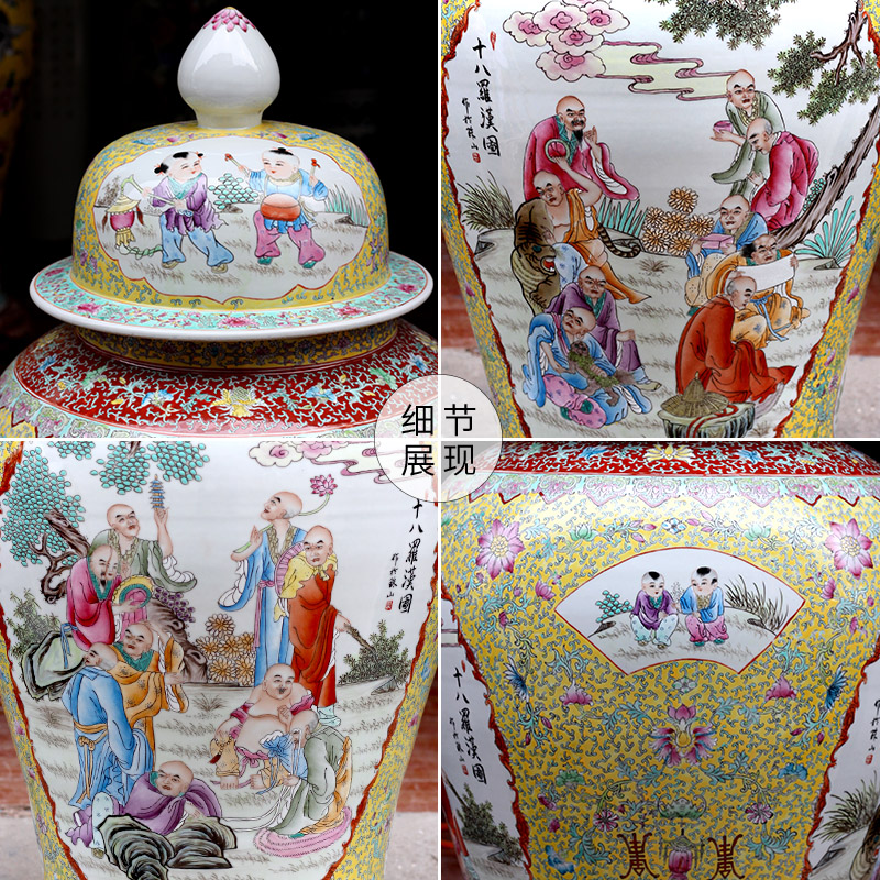Jingdezhen ceramic general hand - made figure painting of large vase 18 Luo Hantu tank sitting room temple furnishing articles
