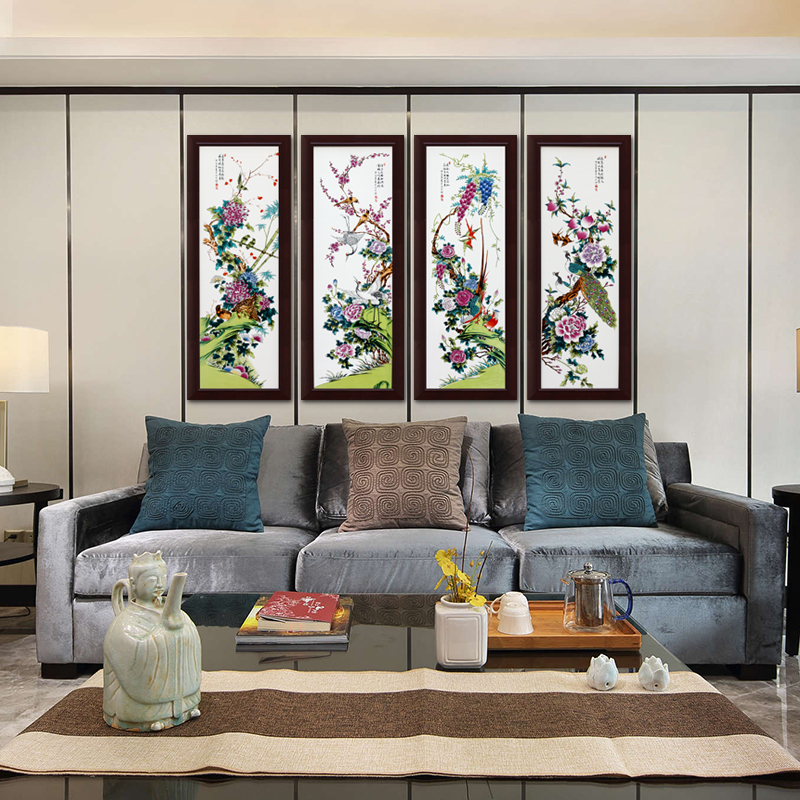 Jingdezhen porcelain plate painting I sitting room background wall four screen vertical version hangs a picture staircase corridor wall murals