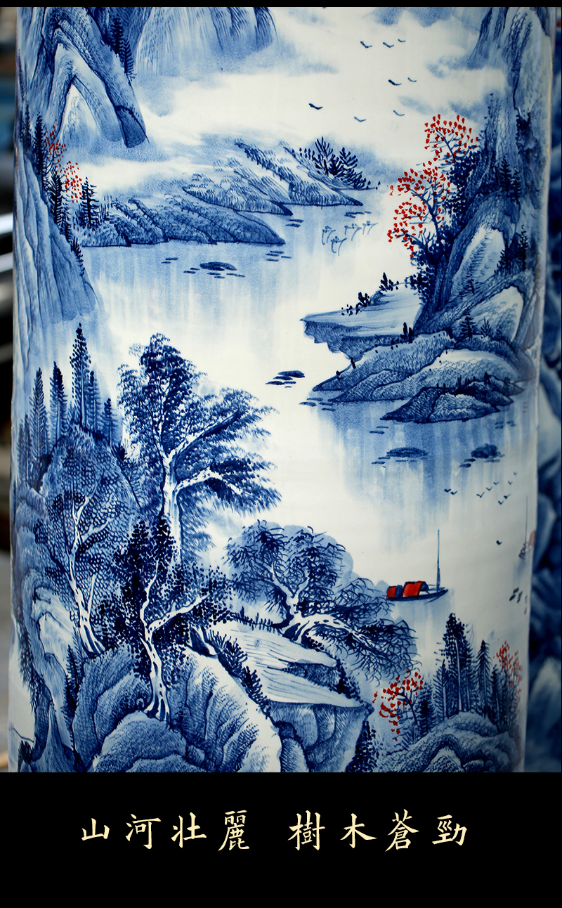 Jingdezhen blue and white porcelain painting landscape painting pine greet chaoyang landing big ceramic vase hall furnishing articles opening gifts