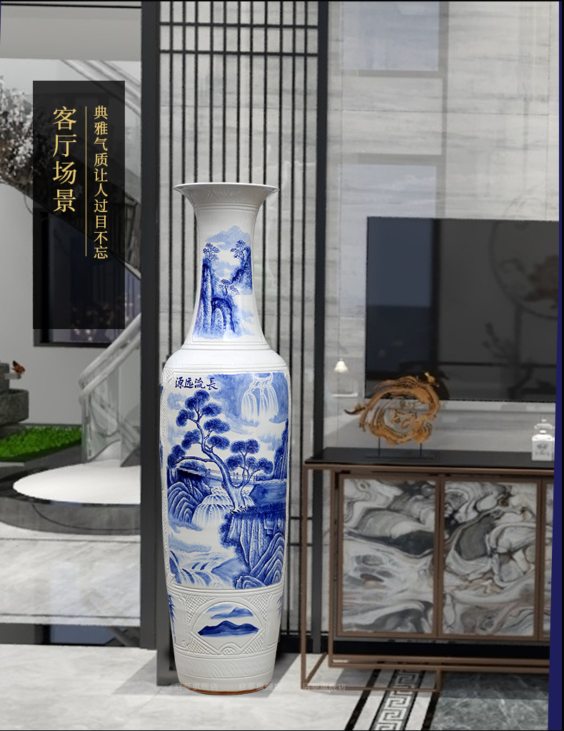 Jingdezhen landing big hand blue and white porcelain vase sitting room adornment porch hotel ceramics large furnishing articles