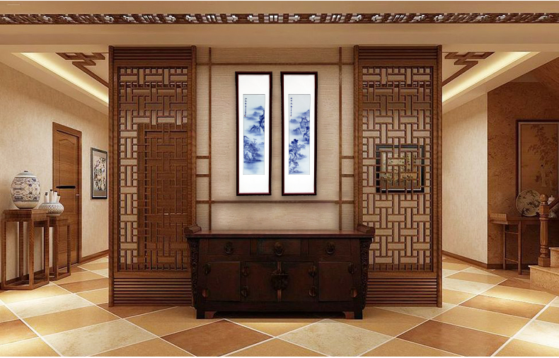 Jingdezhen ceramic blue and white porcelain plate painting landscapes painting hand - made four screen adornment home sitting room background wall hangs a picture