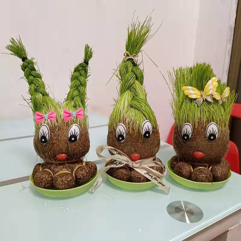 Watering head with long grass head doll vibrato with the same couple cute creative small potted mini plant with tray